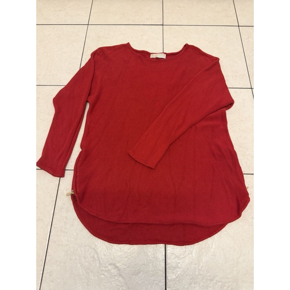 Michael Kors Red Tunic Sweater With Side Gold Zippers Size Medium Pre Owned